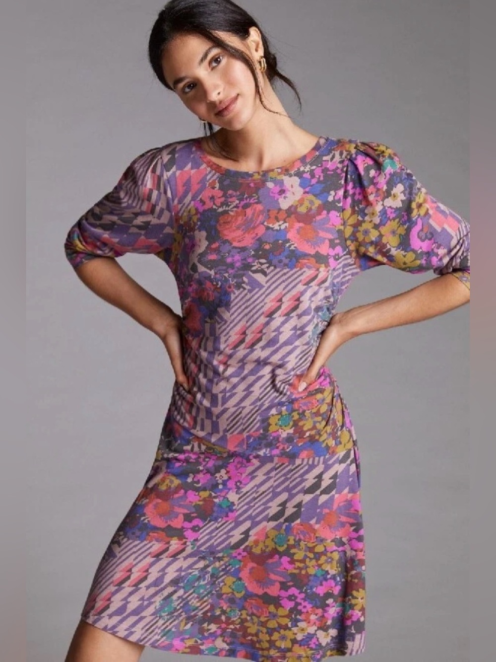 Anthropologie, Daily Practice Ruched Mini
Dress NWT Large Abstract Floral Mixed